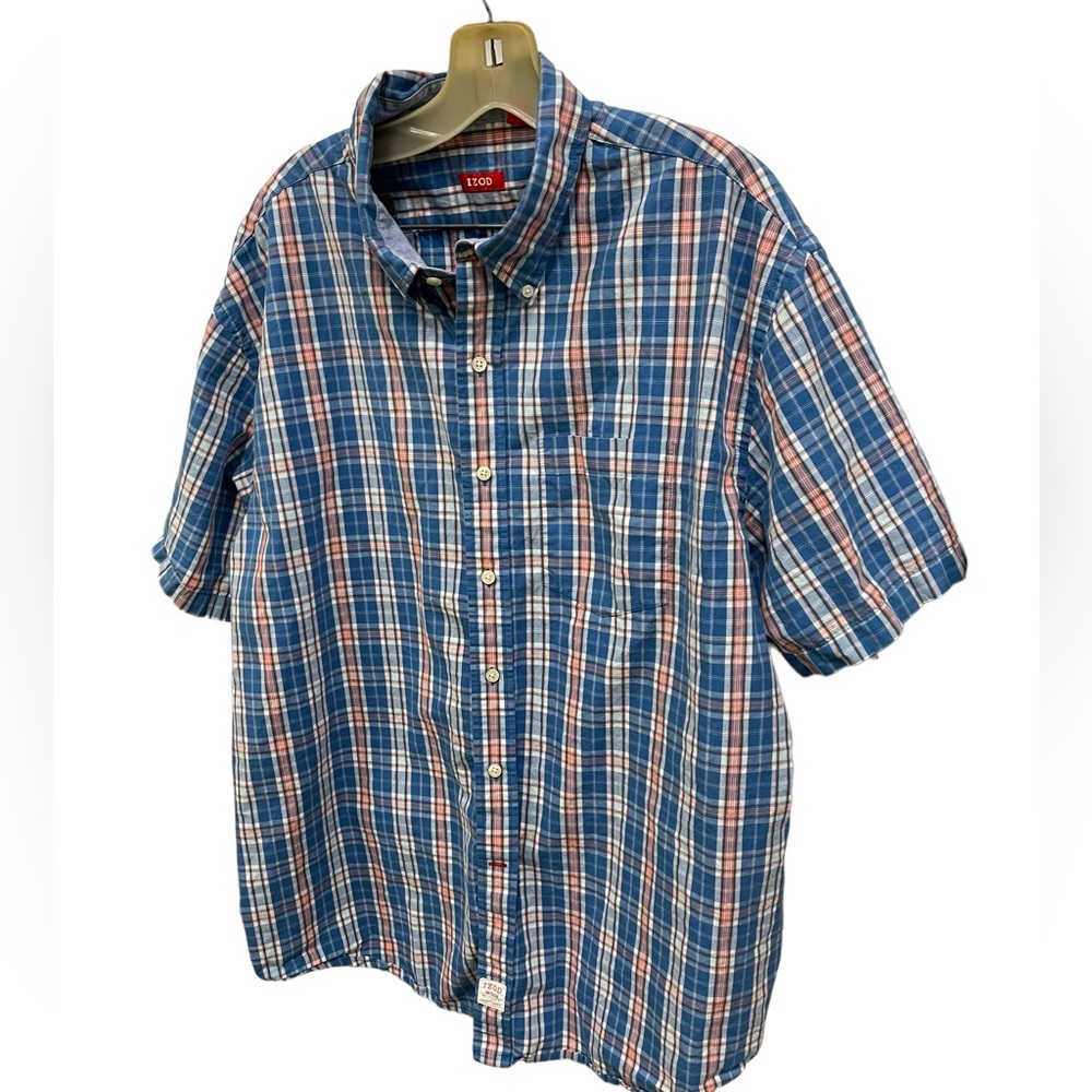 IZOD XXL Blue Plaid Short Sleeve Button Down Shirt - Picture 7 of 7